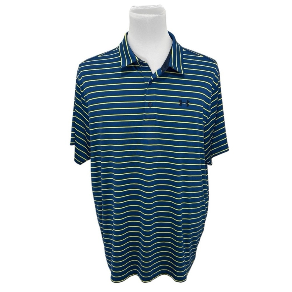 Under Armour Men's Playoff Polo Blue Yellow Striped S/S Loose Fit 2XL